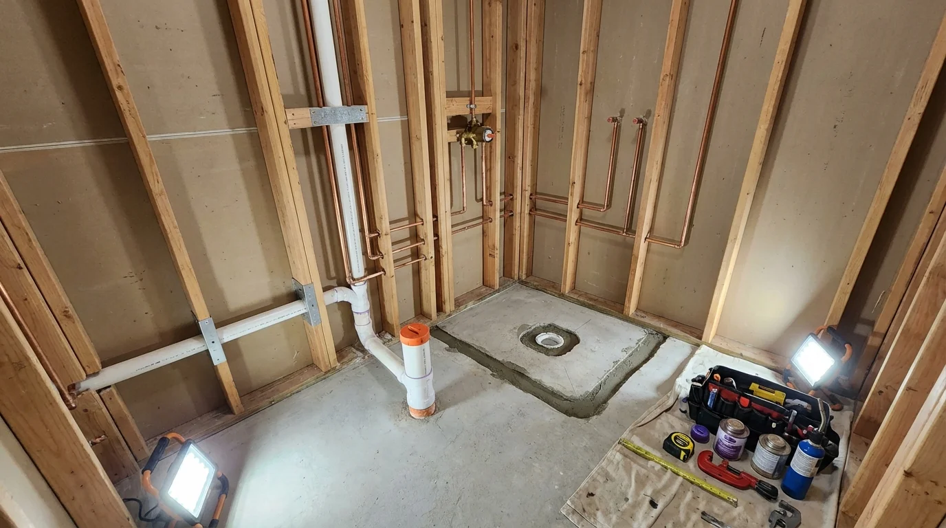 Bathroom rough-in plumbing during remodel by Johns Plumbing LLC in Ringgold