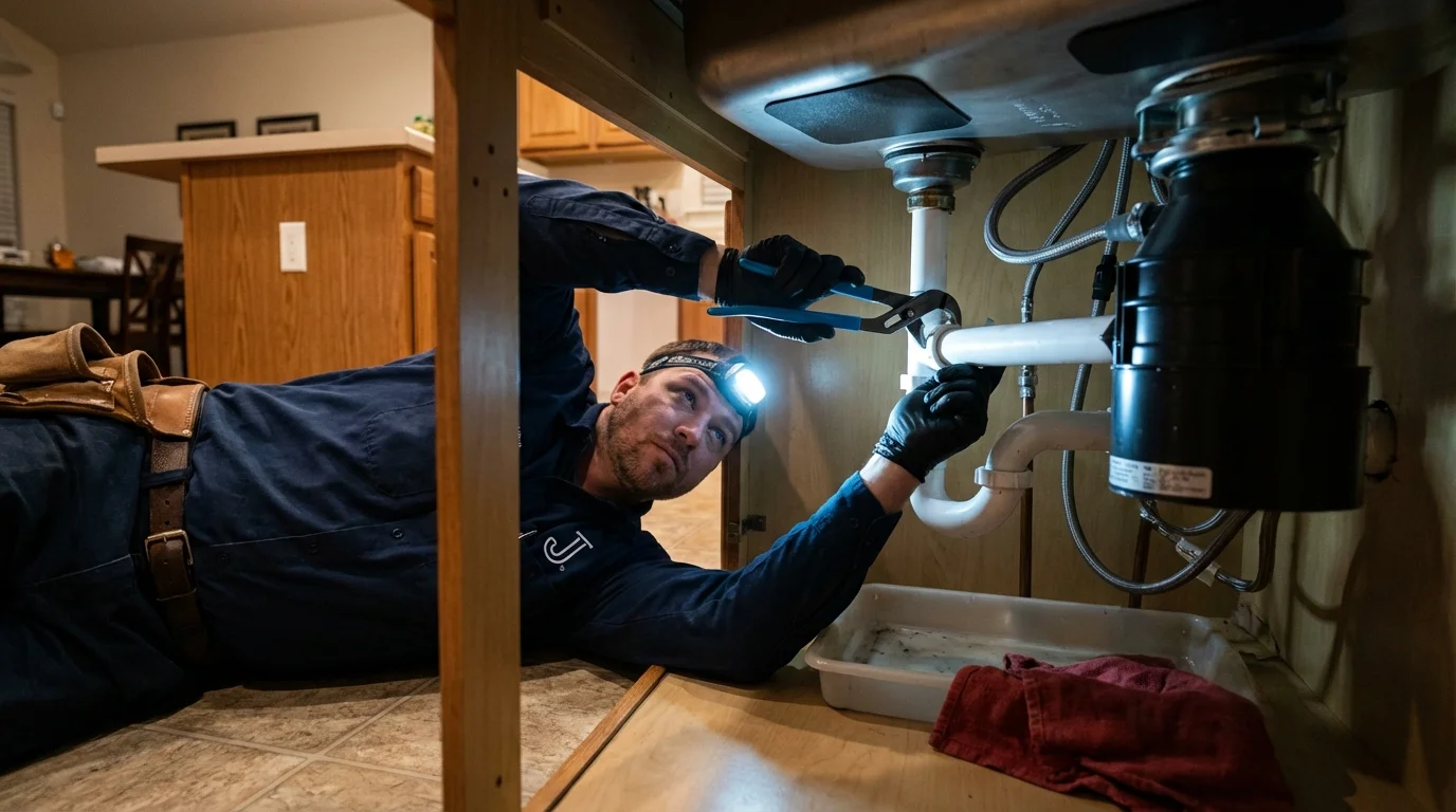 P-trap and supply line connections under a kitchen sink showing a common leak point in Ringgold, GA